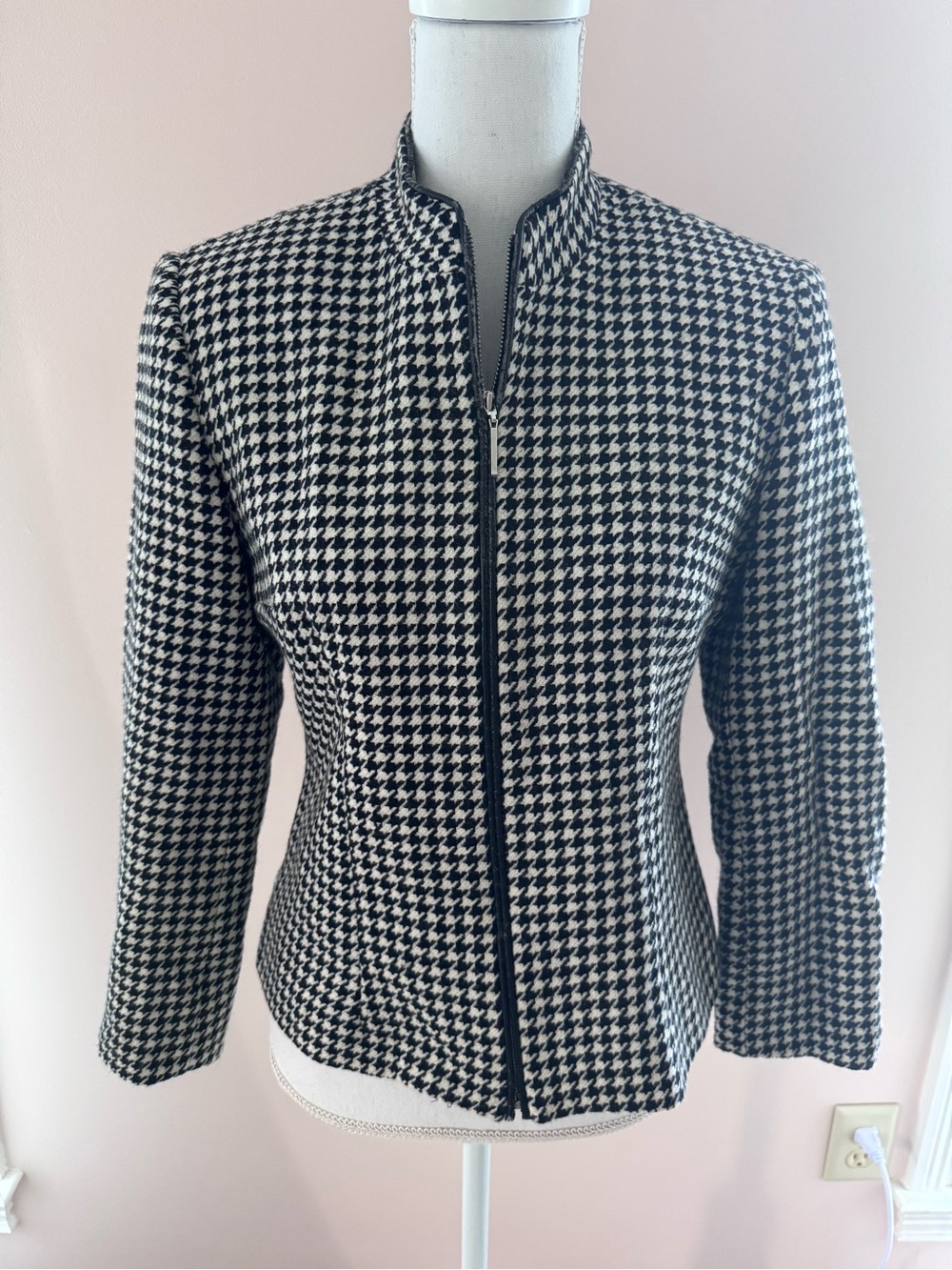Louben Vintage Zippered Houndstooth Wool Blazer Size 6